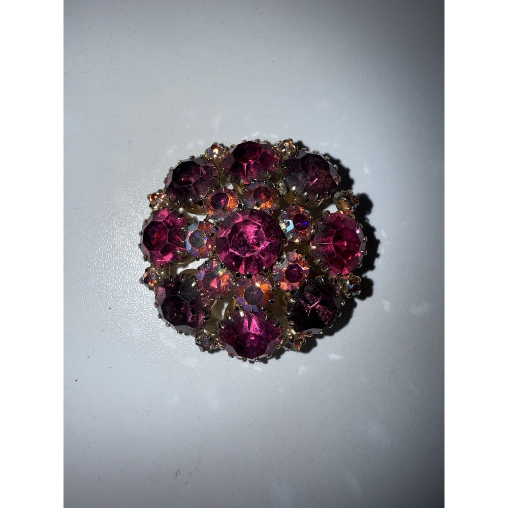 Vintage Weiss Pink & Iridescent AB Rhinestone Mounded Cluster Brooch Signed
